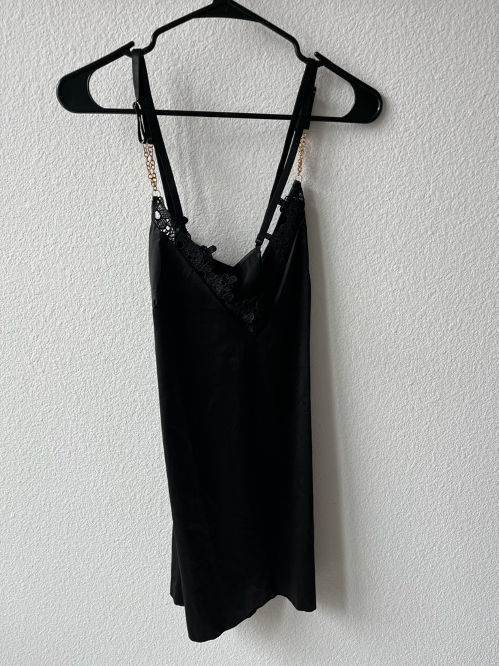 MAKE U MINE SATIN CHEMISE-Roma, Dolls Kill, Black Satin Lace-Trim, Gold Chain